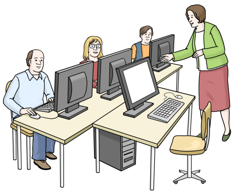 Eine Lehrerin hilft drei Schülern. Sie arbeiten am Computer.