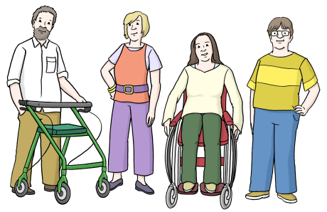 Vier Personen mit unterschiedlichen Behinderungen. Es werden Rollator, Rollstuhl und Brille benutzt.