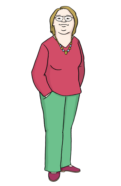 Eine gezeichnete Person mit Brille, rotem Hemd und grüner Hose.