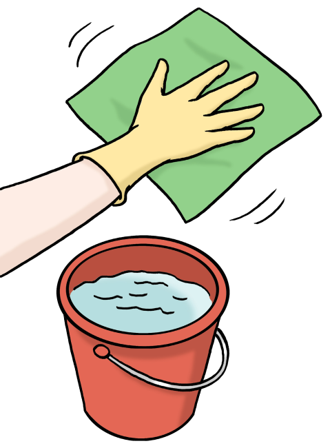 Hand wischt mit grünem Tuch. Daneben steht ein roter Eimer mit Wasser. Reinigungsszene.